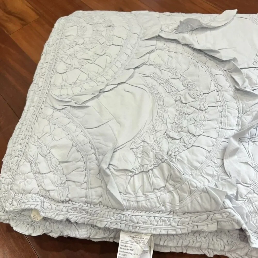 Anthropologie Rivulets Tufted Full Quilt Set Grey Ruched Ruffles